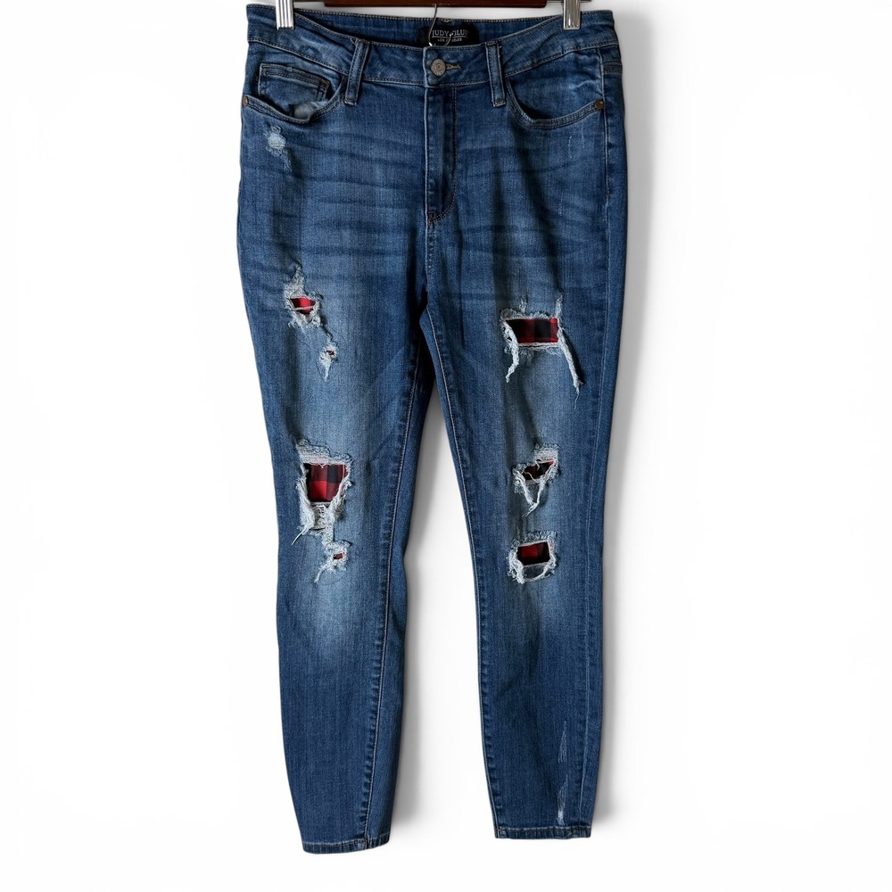 Judy Blue Distressed Buffalo Plaid Patch Skinny Jeans Patchwork Womens 30 Grunge